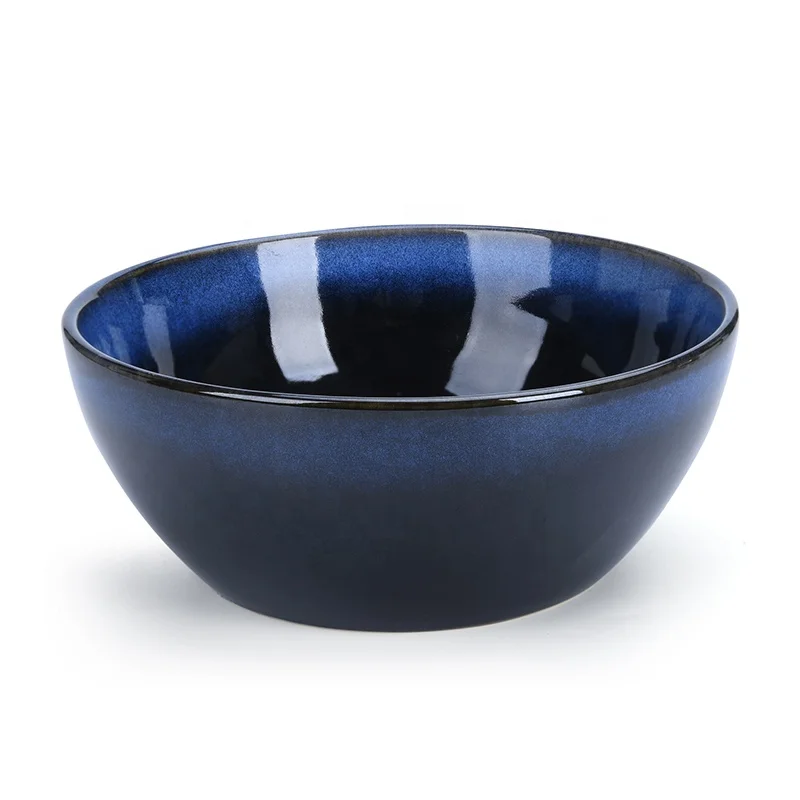 Reactive glazing black and blue stoneware noodle salad bowl