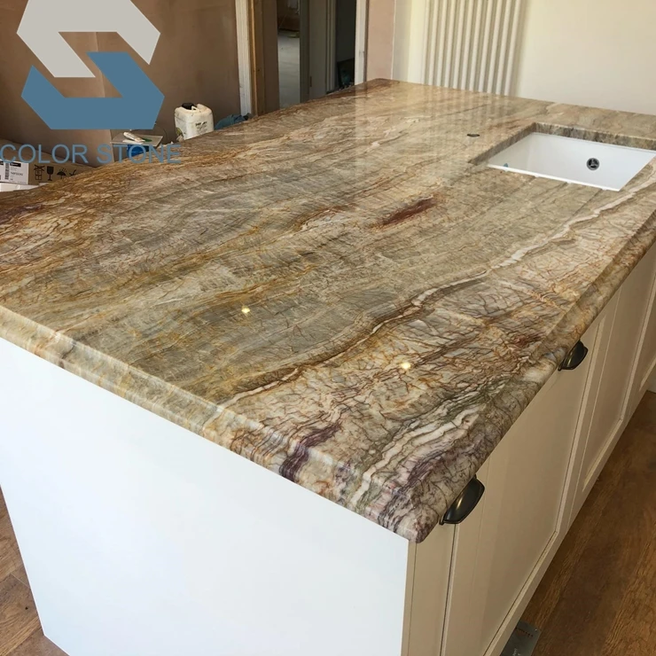 Natural Vintage Texture Stone Polished Green Gold Nacarado Quartzite Kitchen Worktop Countertop Waterfall Island