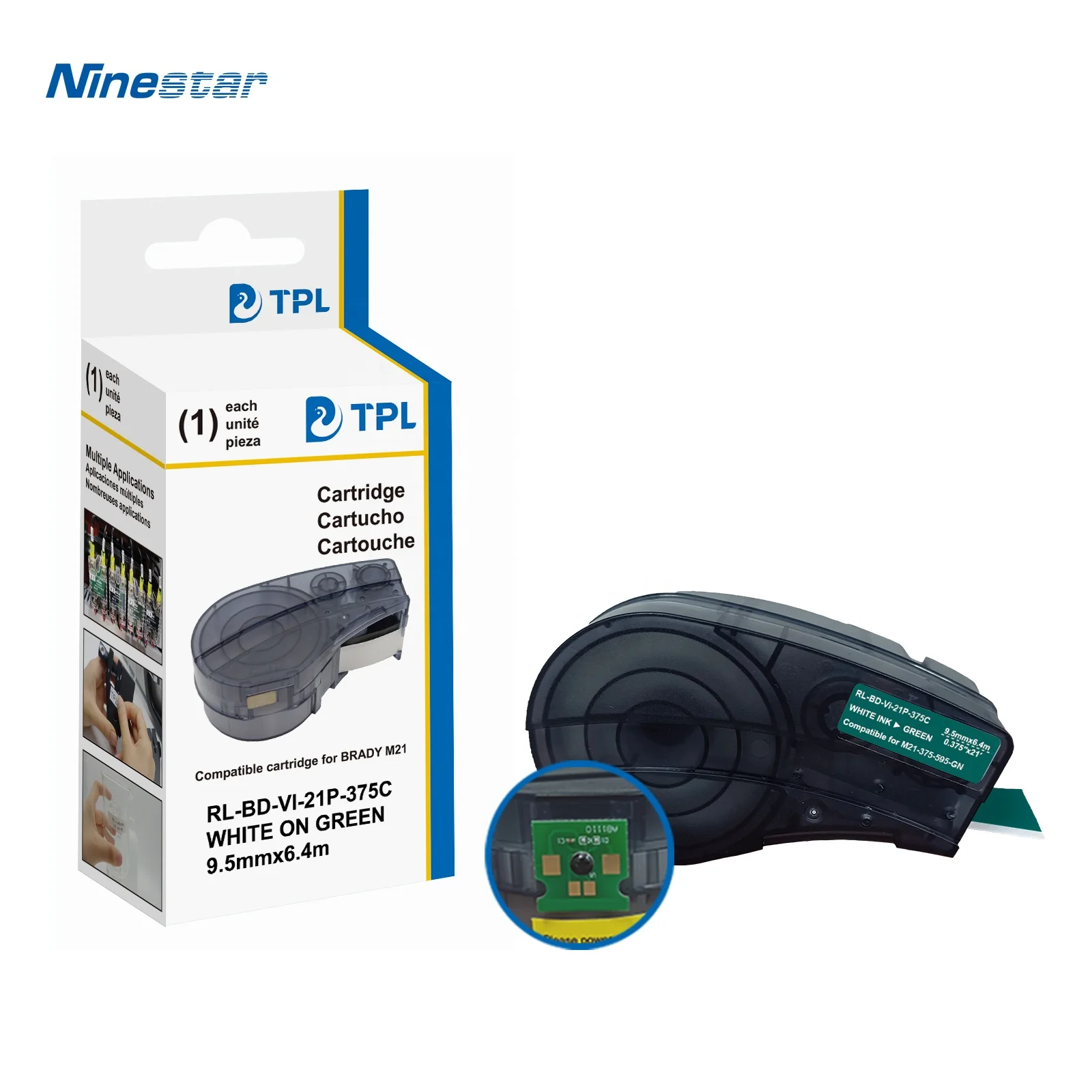 100% Compatible M21-375-595-GN M21 375 595 9.5mm*6.4m White on Green Label Tape for Brady M210 Brady-M211 Brady-M210-Lab