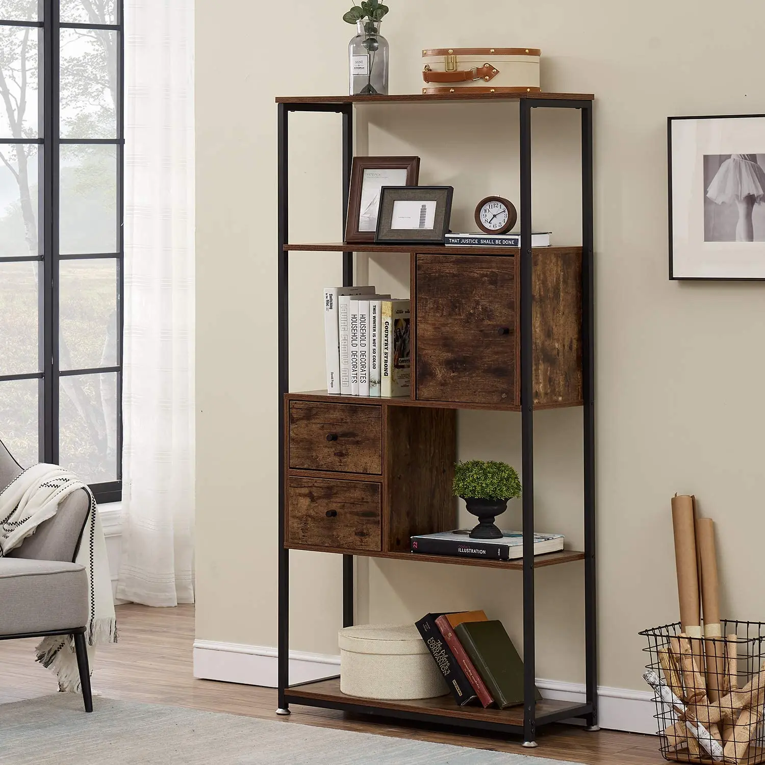 metal  Living room furniture frame 4 tiers storage rack wooden bookshelves