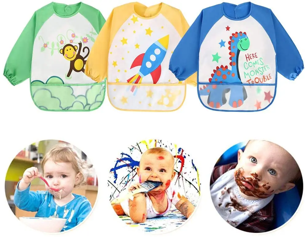 Waterproof feeding arts craft painting apron front pocket children long sleeve bibs