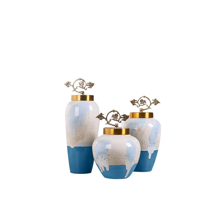2022 Set of 3pcs Fashionable Jingdezhen  New Design Gradient  Color Glaze Decorative Porcelain Ceramic Vase Jar with Brass lid