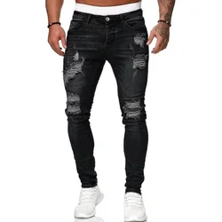 Hole grind white slim-fit denim trousers fashion distressed mid-waist pants for men