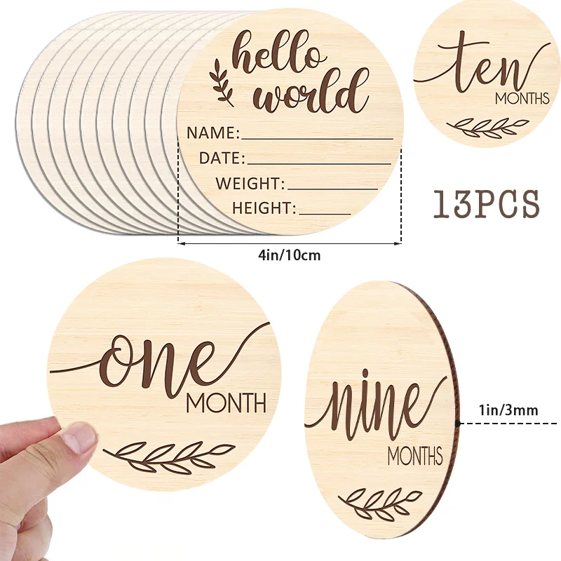 UV Printing Green Leaves New Wooden Discs Baby Newborn Milestone Baby Months Cards Milestone Cards