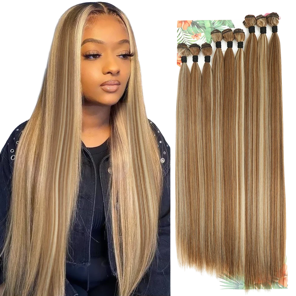 9 PCS Bone Straight Hair Weaving Bundles Pack Synthetic Straight High Temperature Protein Fiber Hair Extension Vendor For Women