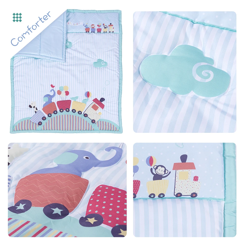 Cartoon animal train theme baby bed set polyester microfiber baby bedding crib for boys