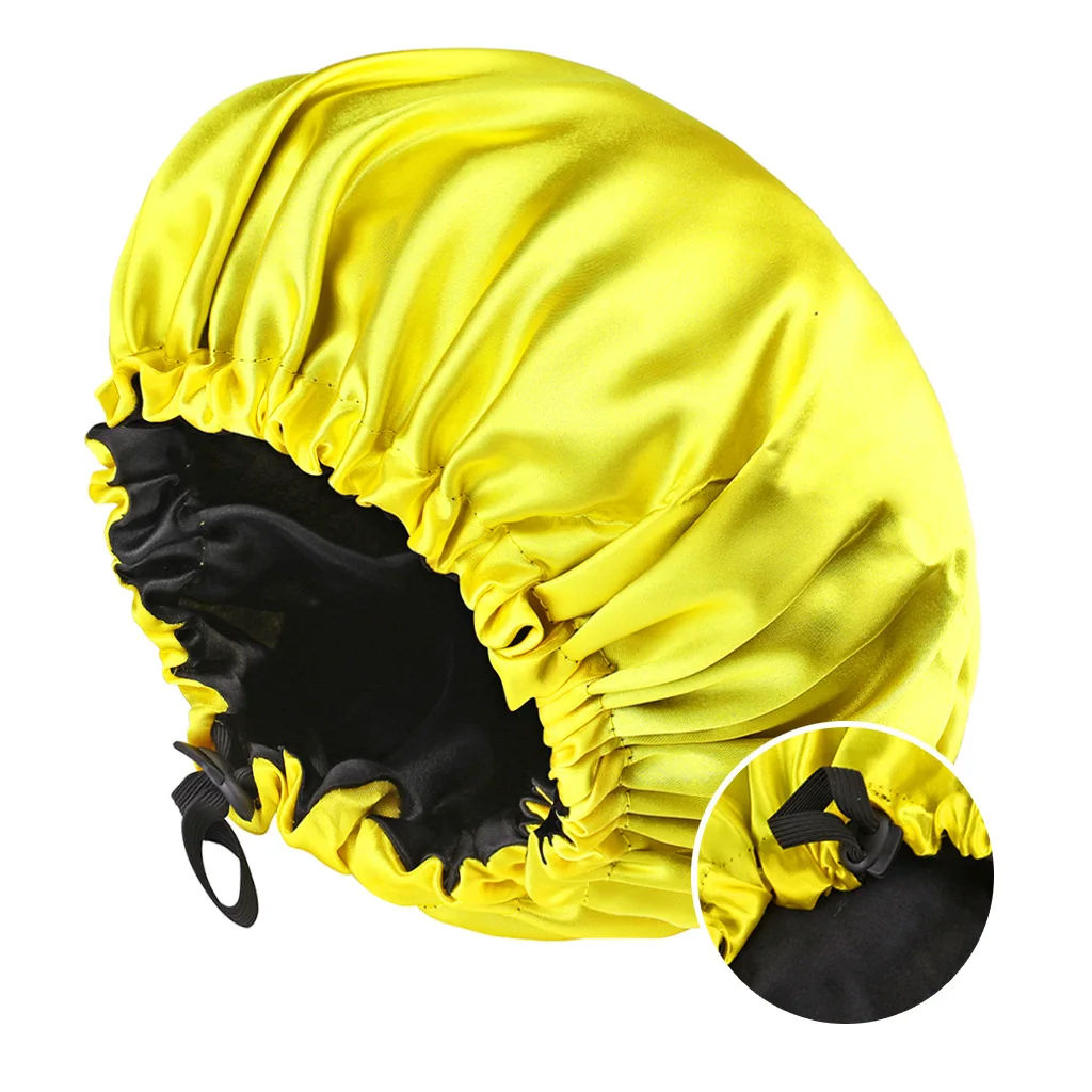 2024 New Reversible Sateen Sleeping Hat Women Fashion Elastic Hairdressing Cap Adjustable Buttons Solid Color Satin Shower Cap