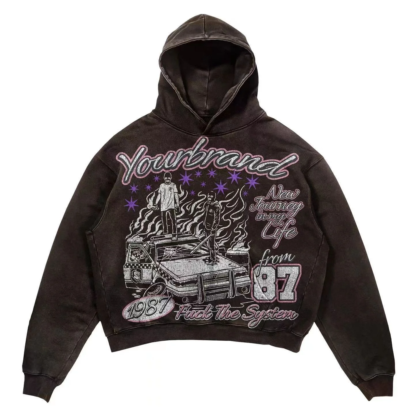 480gsm Custom graphic pattern vintage acid wash tight leg sweat pants and hoodie 2 piece set tracksuit sweat track suit men