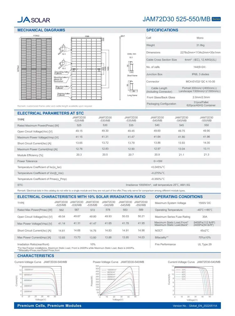 JA Solar Panels Japan 525w 530w 535w 540w 545w 550 Watts Dual Glass Bifacial Placas Fotovoltaicas Monocrystalline Eu Stock