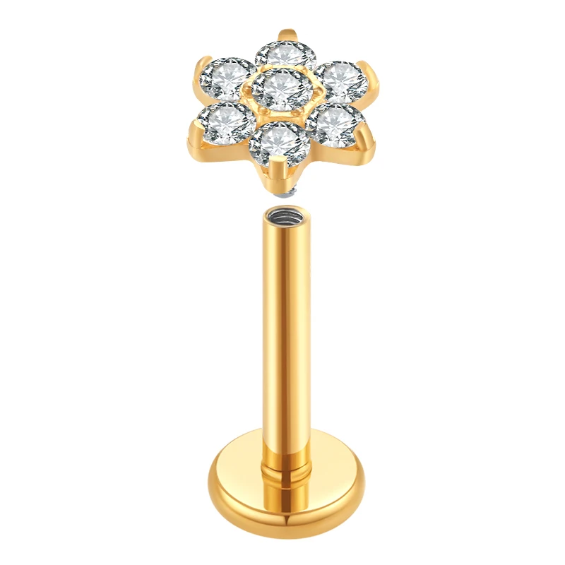 Titanium G23 Lip Labrets Internally Threaded Prong Zircon Top Flower  Labret Stud Piercing Jewelry
