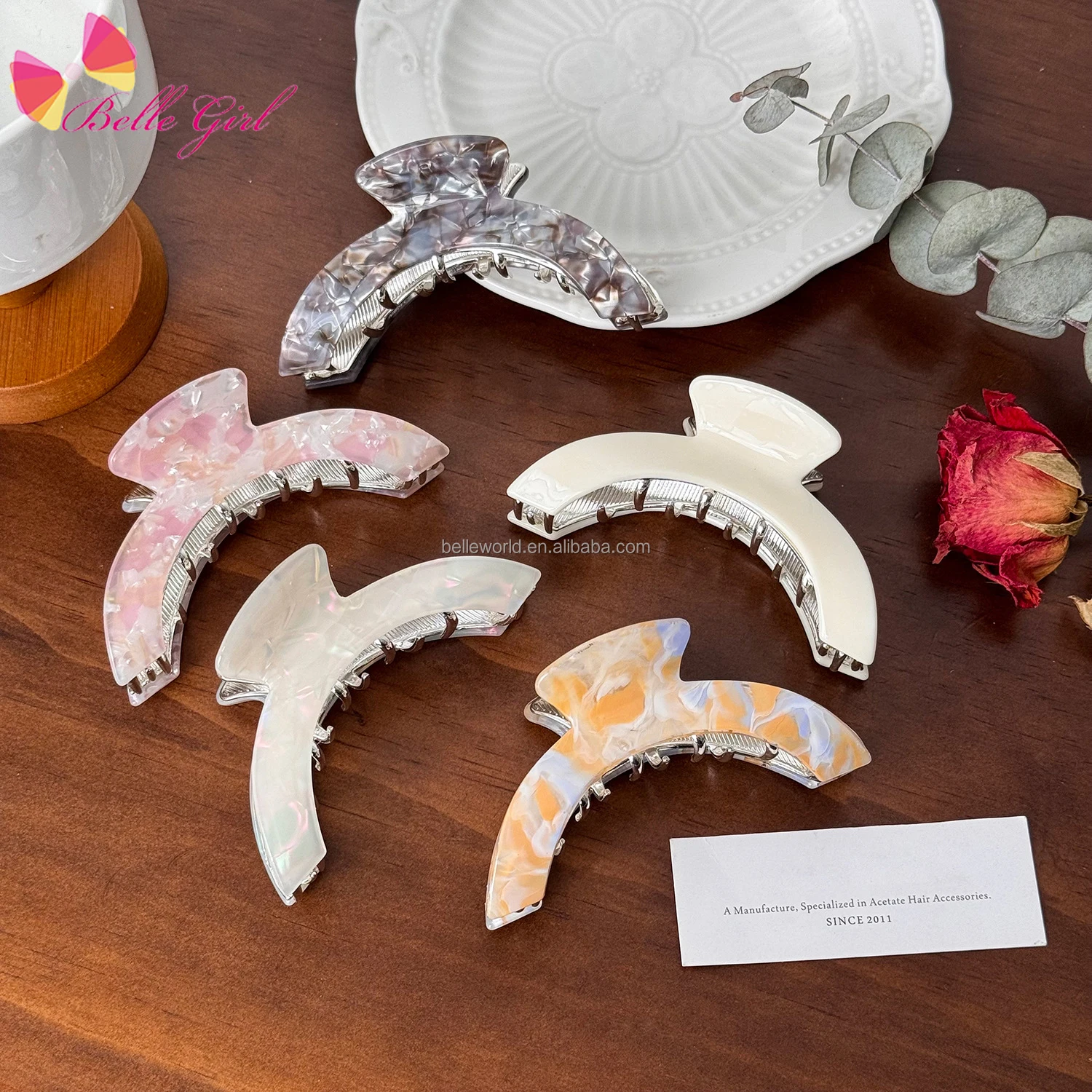 BELLEWORLD wholesale women girls elegant shark hair clip accessories custom color trendy acetate fiber hair claw with metal