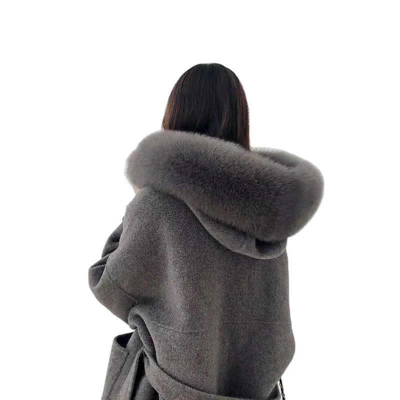 Winter Thicken Double Layer Cashmere Hooded Long Jacket 100% Wool Coat Women With Detachable Fox Fur Collar