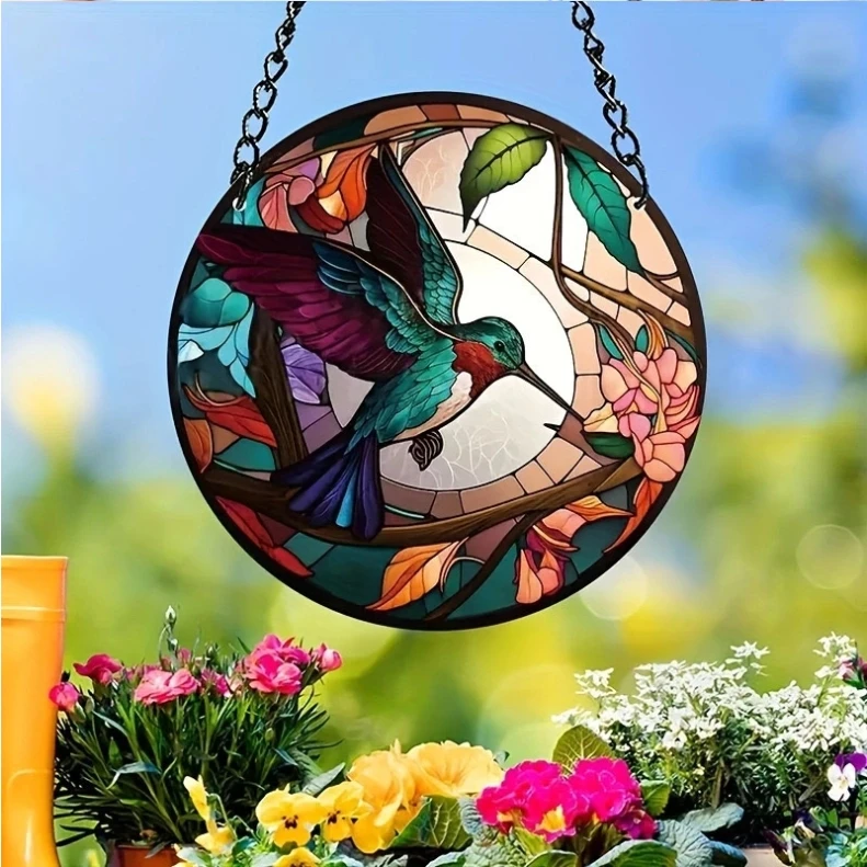 Decorative Handmade Hummingbird Stained Glass Sun Catcher Rainbow Prism Window Wall Hanging Ornament Boho Home Decor
