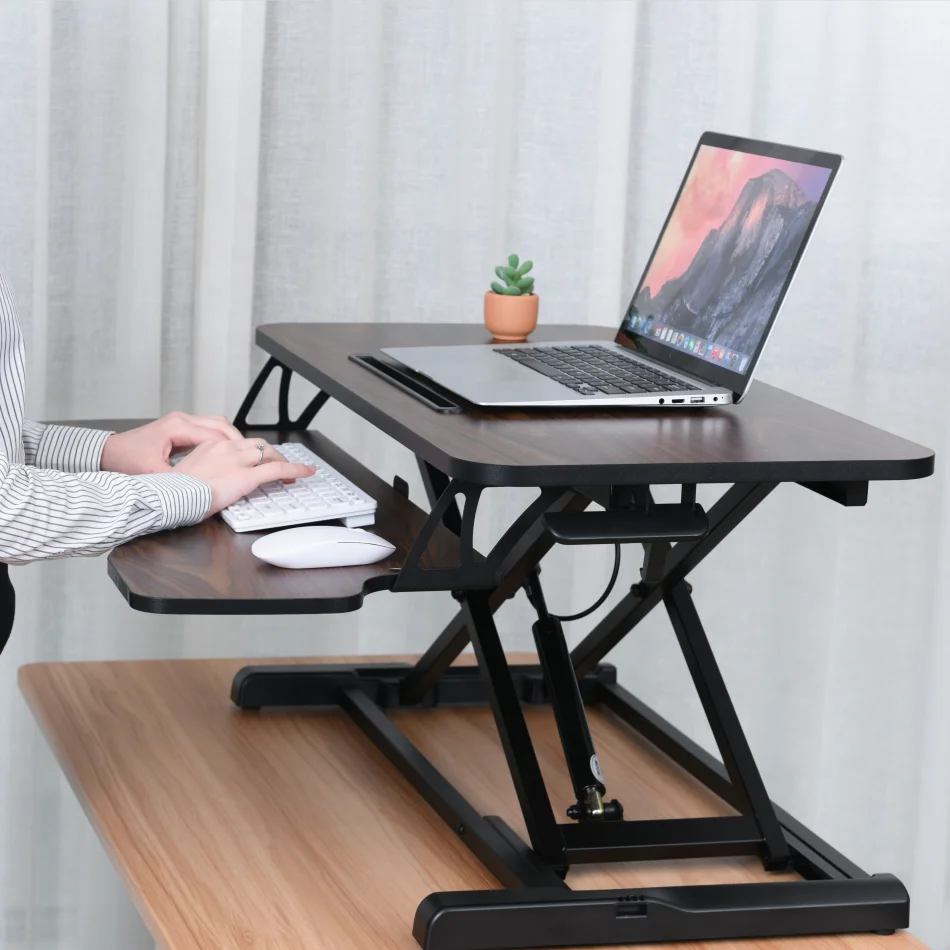 32 inch Height Adjustable Sit Stand Desk Riser Dual Monitor Riser Workstation for Home Office with Keyboard Tray