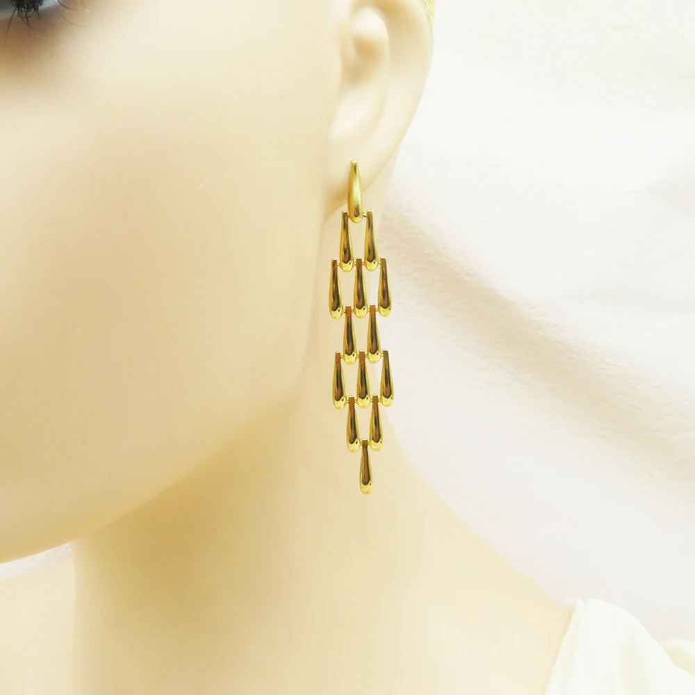 Hot Stainless Steel Waterdrop Dangle Earrings Chandelier Shape 18k Gold Plated Long Drop Stud Earrings