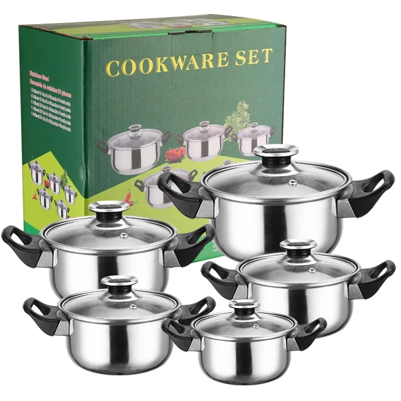 Factory Direct Sales American High Pot 10pcs Stainless Steel Thickened Pot Household Black Handle Soup Pot Wholesale