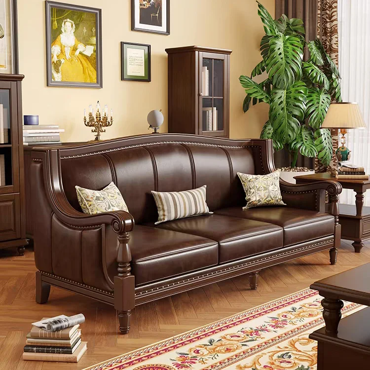 American pastoral style Classic Living Room Hotel Furnitures Wooden 4 Seater 1 2 3 Luxury genuine Leather Solid Wood Sofas Set