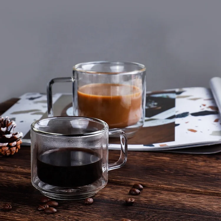 350ml Glassware Coffee Glass Cups, Double Wall Glass Coffee Mu,Clear Glass Coffee Tea Mug With Handle
