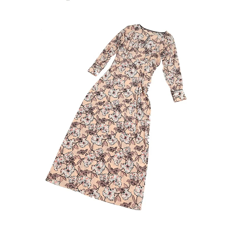 Factory hot sale custom printed button neckline long sleeve wholesale silk long dress