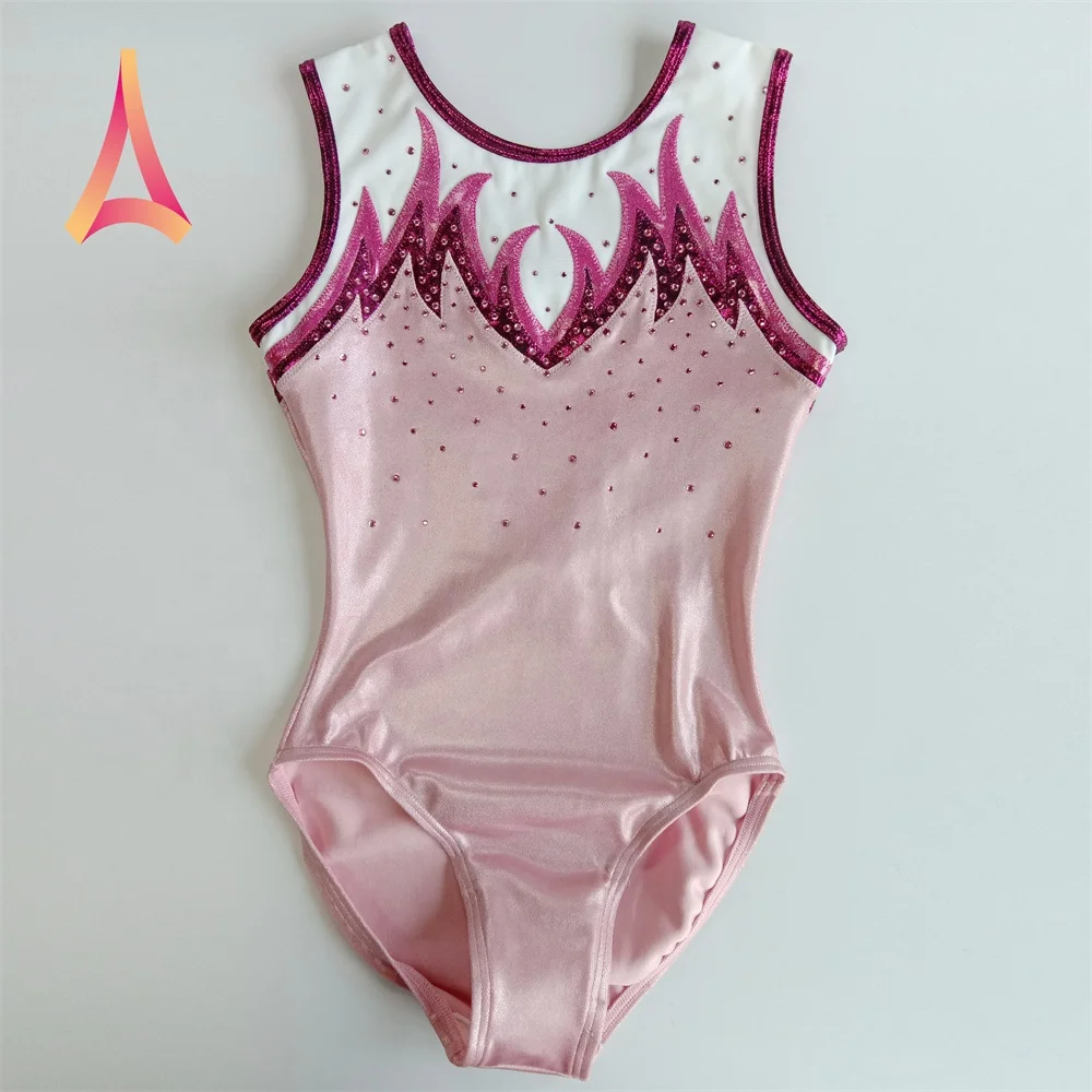 Мягкие розовые гимнастические трико для девочек, украшенные розовыми драгоценными камнями