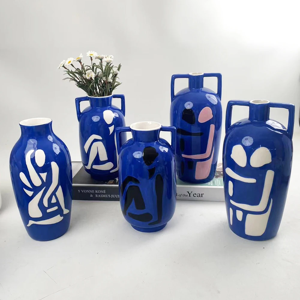 Blue Ceramic Vase with Character design Patterns Modern Chinese Ceramics for Home Decor