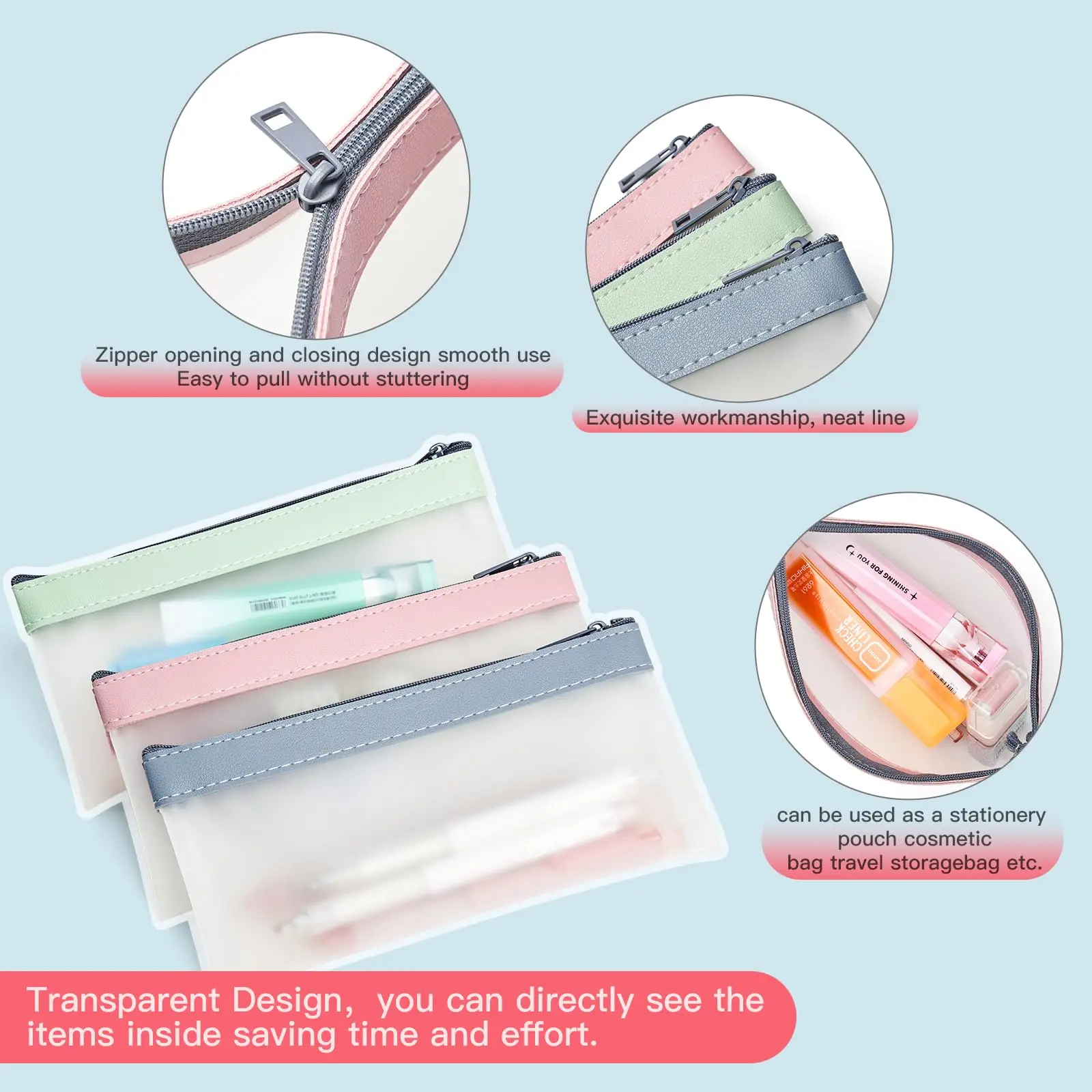 Best Seller QQgift Wholesale OEM Custom 3 Pack Clear Pencil Case Stationary Bags With Zipper Multi-function For Office School