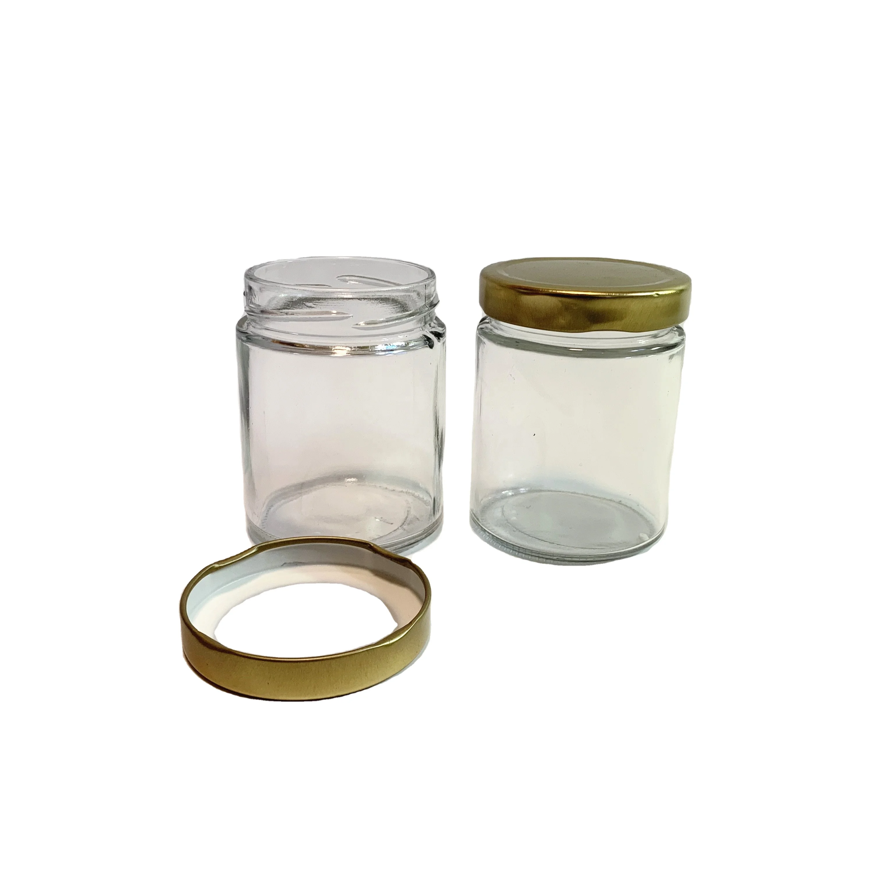 250ml straight sided round clear glass honey food jam jar with twist off lug gold metal lid