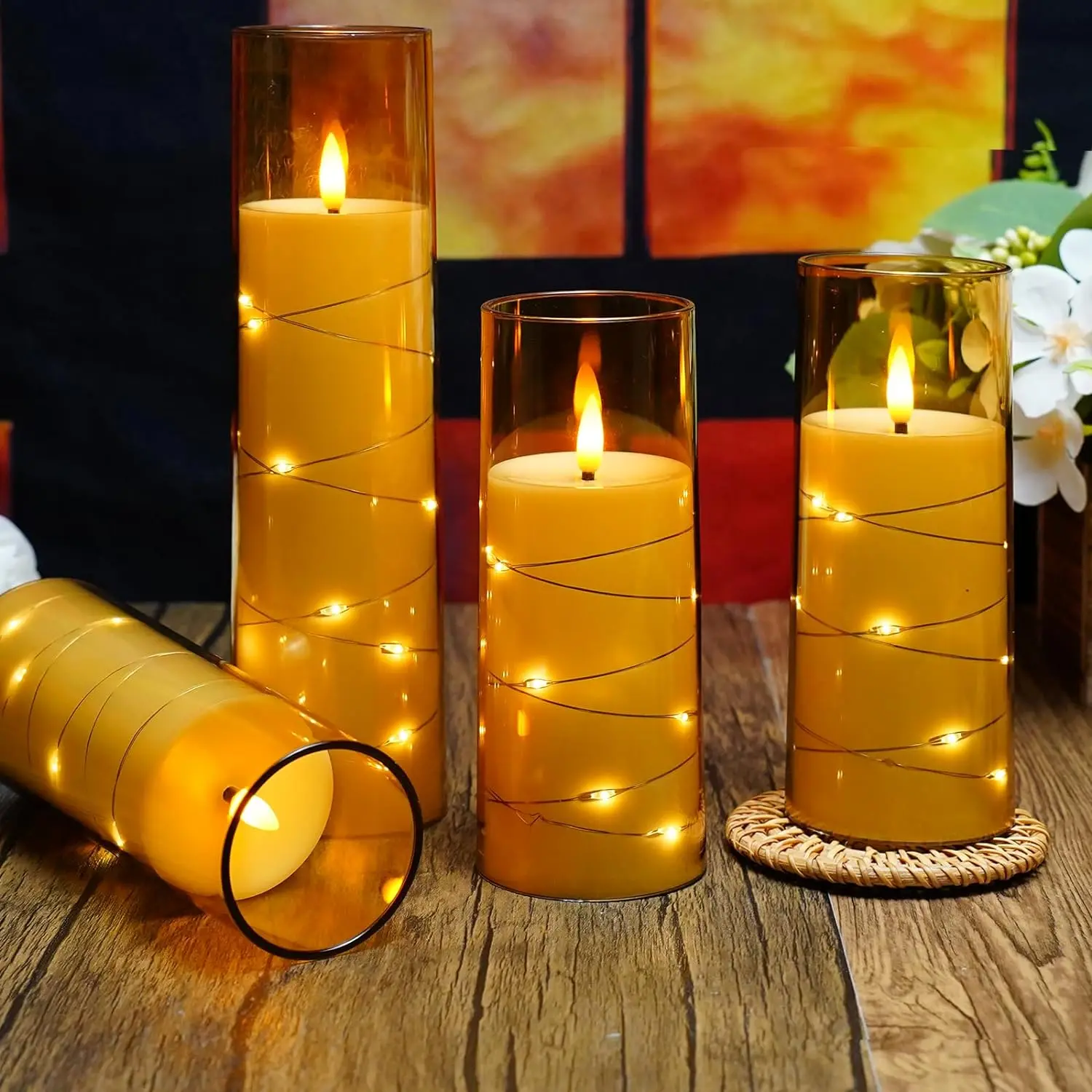Battery Operated Flameless LED Candles light set with Timer 5Pc Flickering electronic candle with Star String for wedding decor