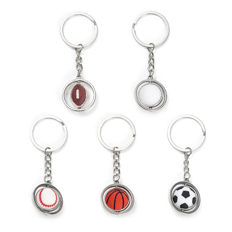 ZY0423A Spin Small Basketball Football Keychains Golf Ball Football Baseball Key Chain Metal Key Ring Gift