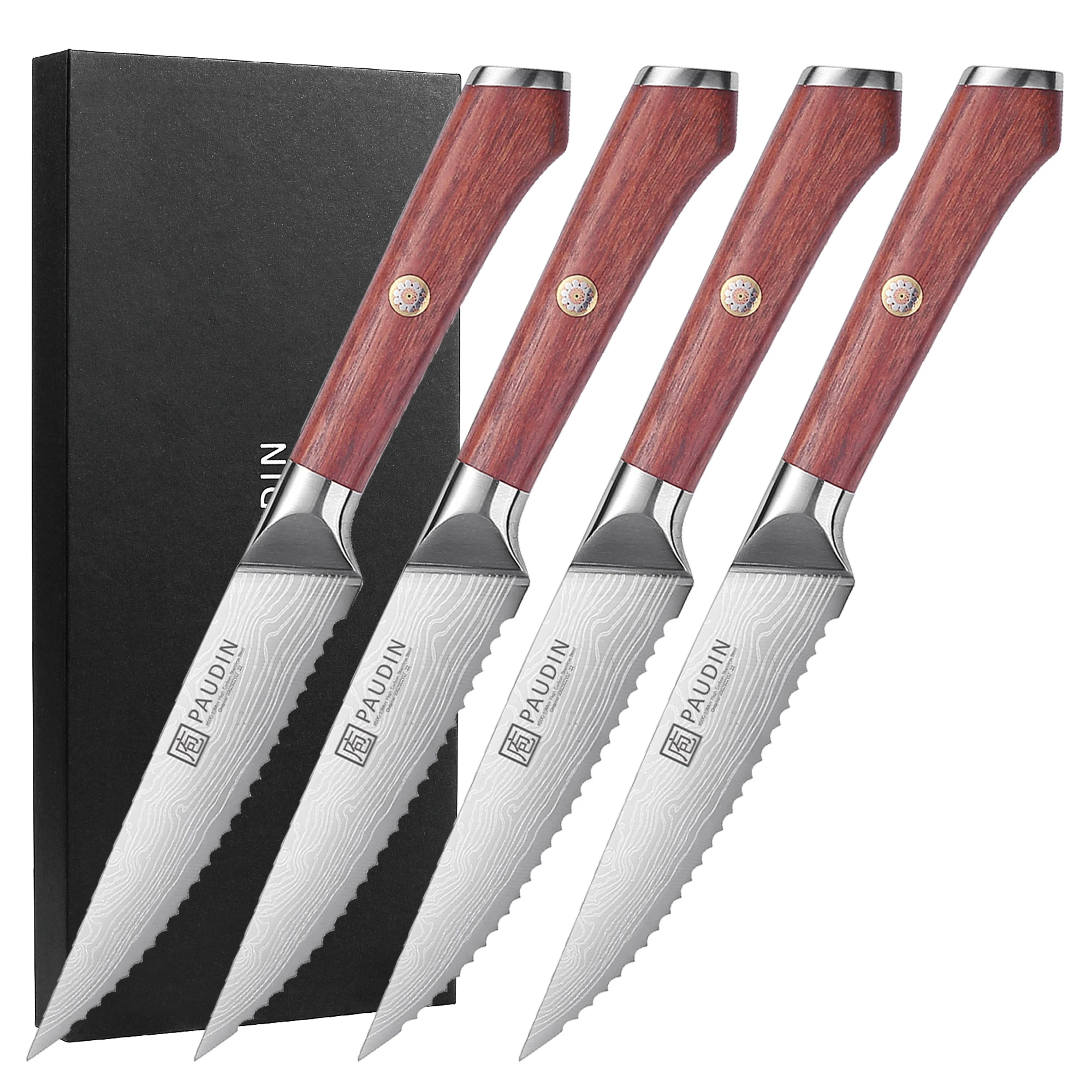 4.5 Inch Serrated Edge German Steel Razor Sharp Steak Knives With Rose Wood Handle For Restaurant Kitchen Knife
