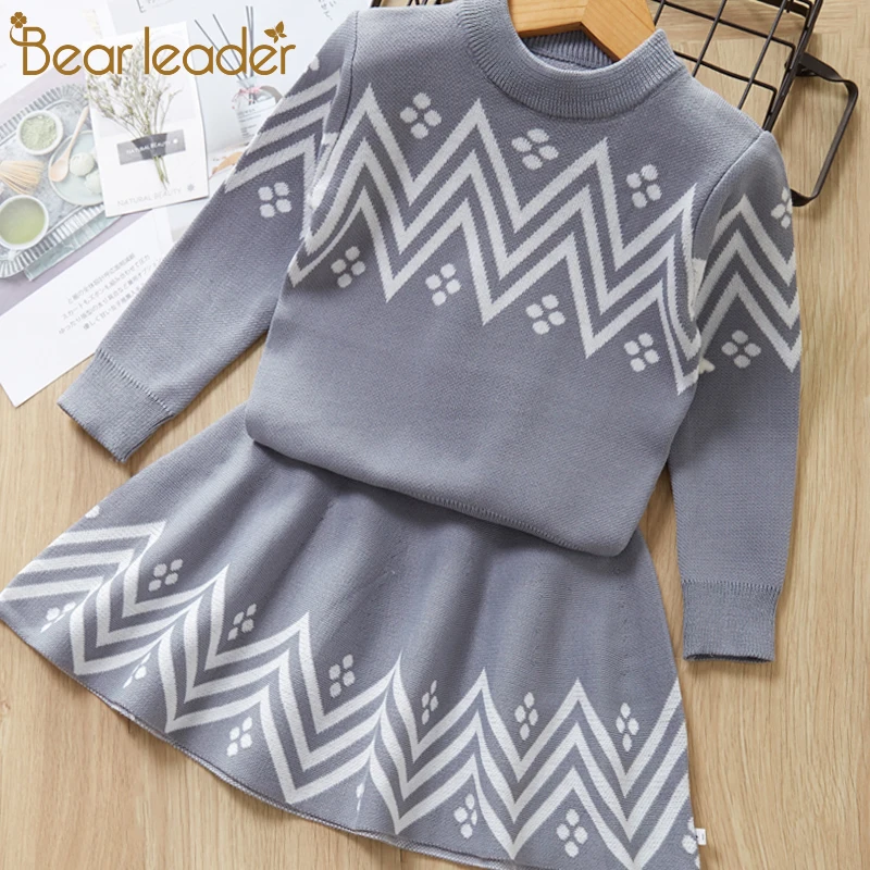 Bear Leader Girls Dress 2019 Winter Geometric Pattern Dress Long Sleeve Girls Clothes Top Coat+ Tutu Dress Sweater Knitwear 2pcs