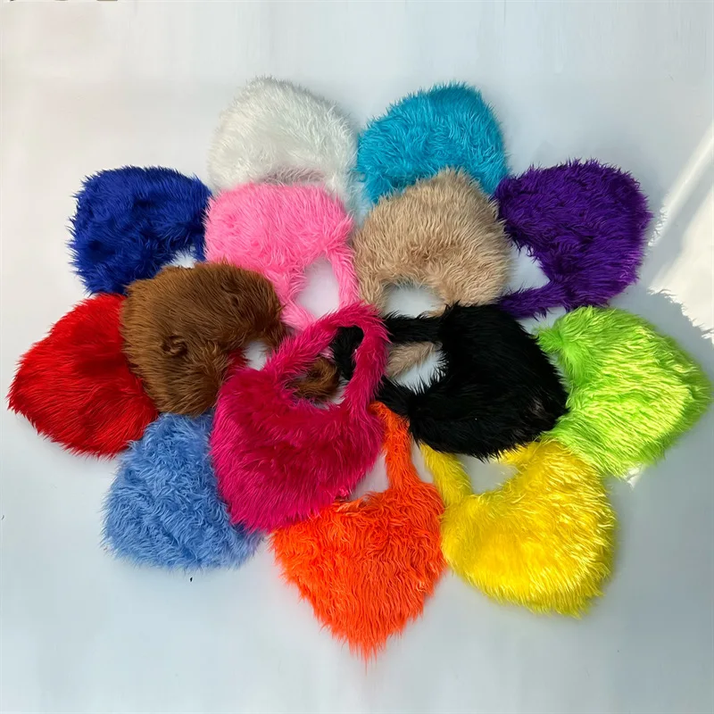 Winter Y2K Love Heart Animal Faux Fur Duffle Shoulder Bags Ladies Crossbody Women Bag