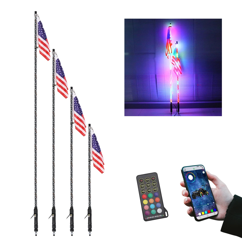 APP Remote Control Music 300 Color RGB Spiral ATV UTV Tube Clamps LED Flag Pole Antenna Whip Lights