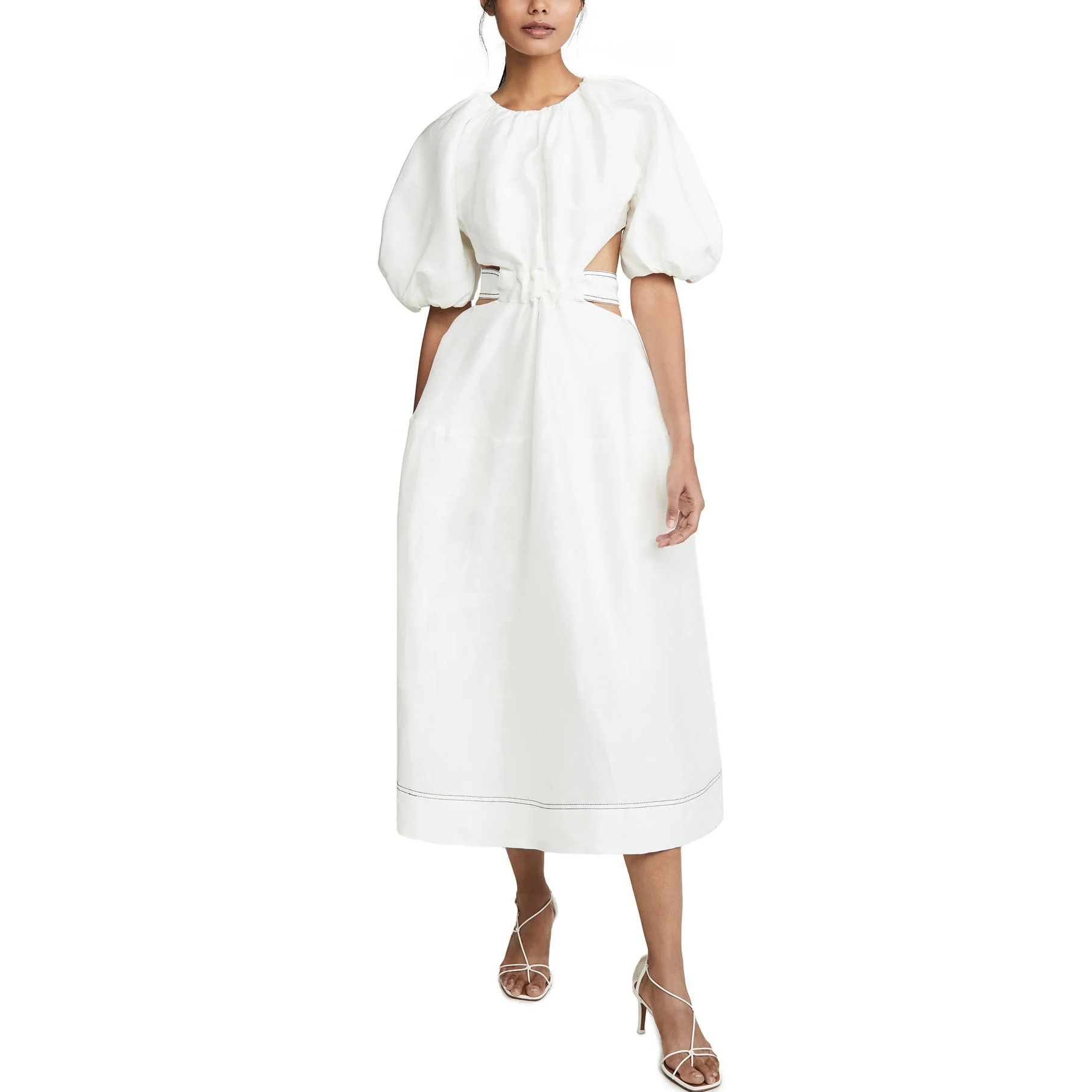 White vintage high quality women summer midi linen cotton blend casual dresses