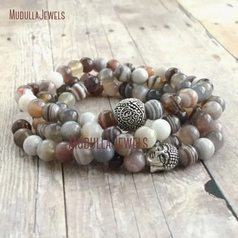 WMB18357 African Opal Beads Yoga Jewelry Mala Necklace Sterling Silver OM Buddha Wrap Bracelet 108 Mala Gemstone Prayer Beads
