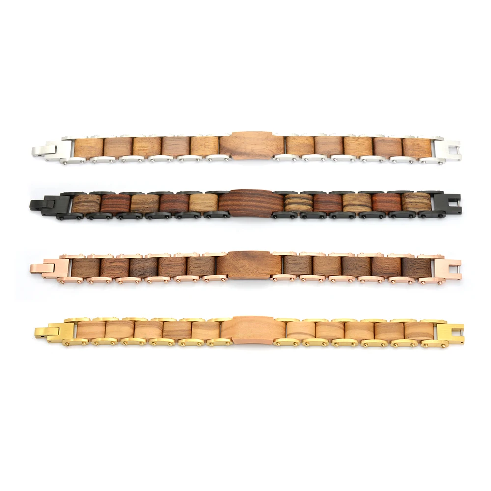 Alibaba China Factory Customized Popular Design Stainless steel and Natural Wood Bracelet in stock