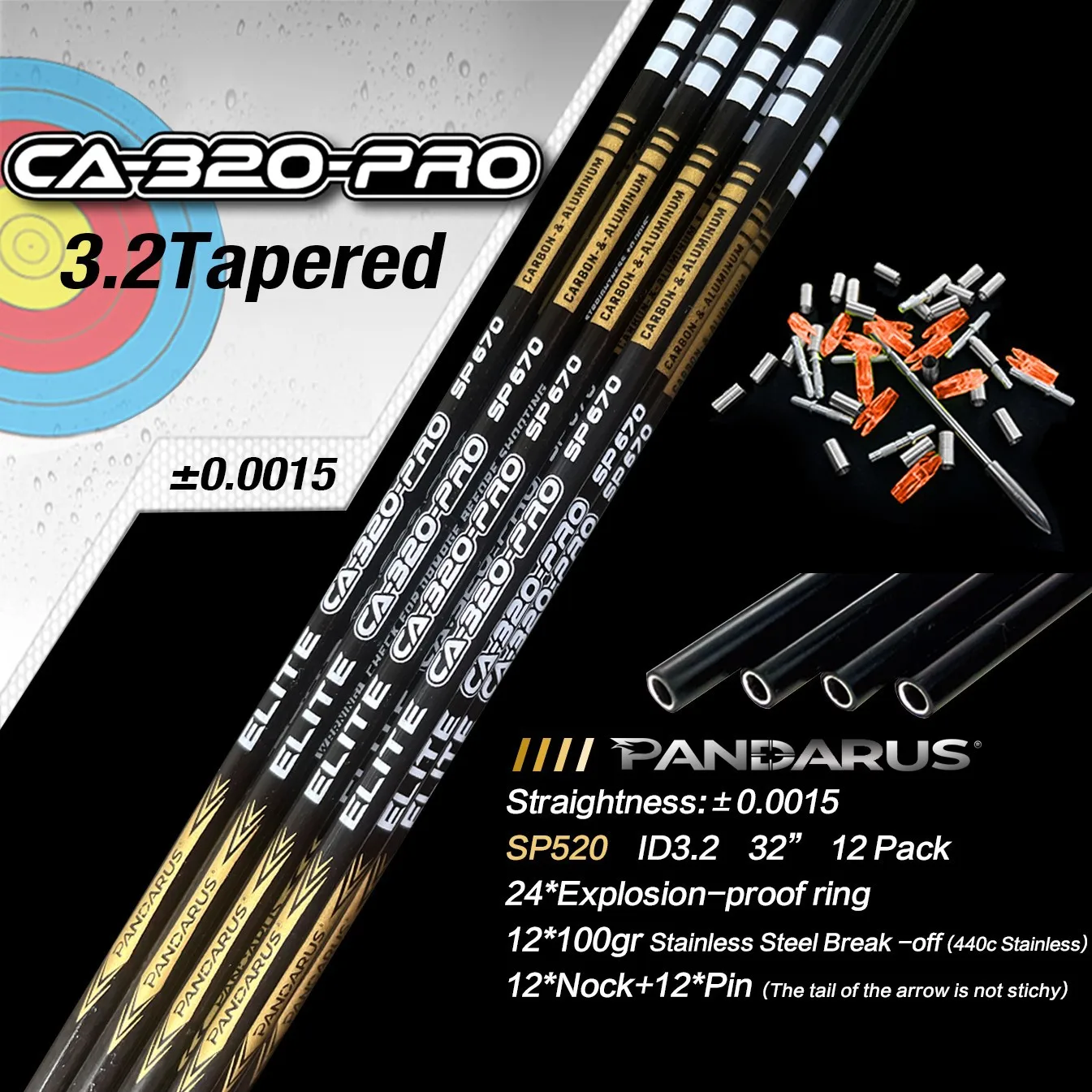 Pandarus Elite CA320PRO 3.2mm front taper ACC arrow shaft same as Easton X10 Protour for compound bow target shooting