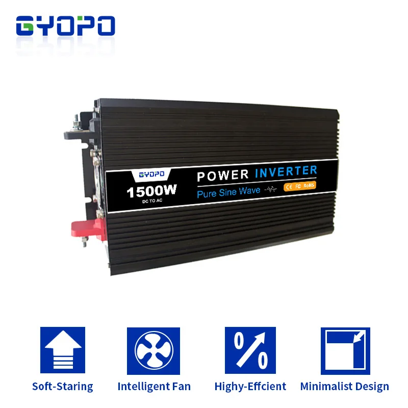 
GYOPO 1500w 12v 24v 48v to 110v 220v DC to AC Pure Sine Wave Inverter Solar Power Inverter for Car 