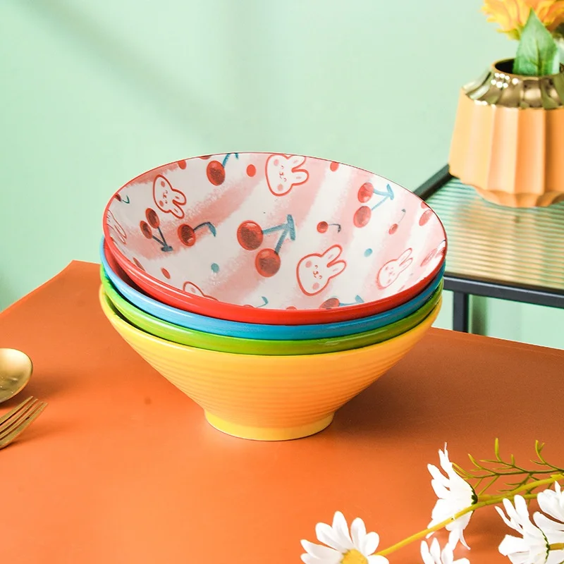 Creative Nordic Ceramic Tableware Large Capacity Porcelain Soup Instant Noodle Salad Bowl For Household With Cartoon Pattern
