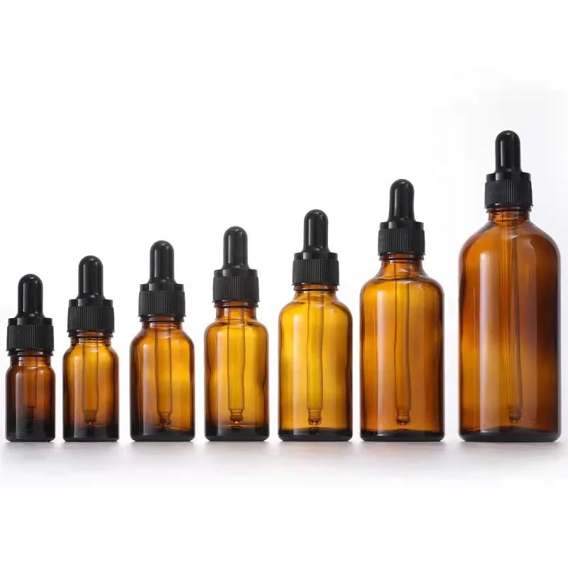 Empty 5ml 10ml 15ml 30ml 50ml 100ml Refillable Amber Glass Skin Care Toner Essential Oil Serum Dropper Bottle With Black Cap