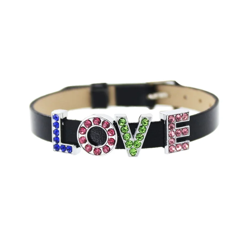 8mm Colorful Rhinestone Slide Alphabet Letter Charms Letters for DIY Silicon PU Leather Bracelet Dog Collars Jewelry Accessories