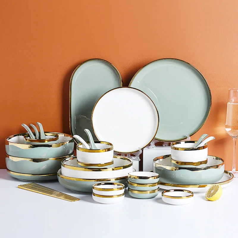 Different colors and shining golden eco-friendly customized logo stoneware dinnerware set for printed ceramic dinner sets