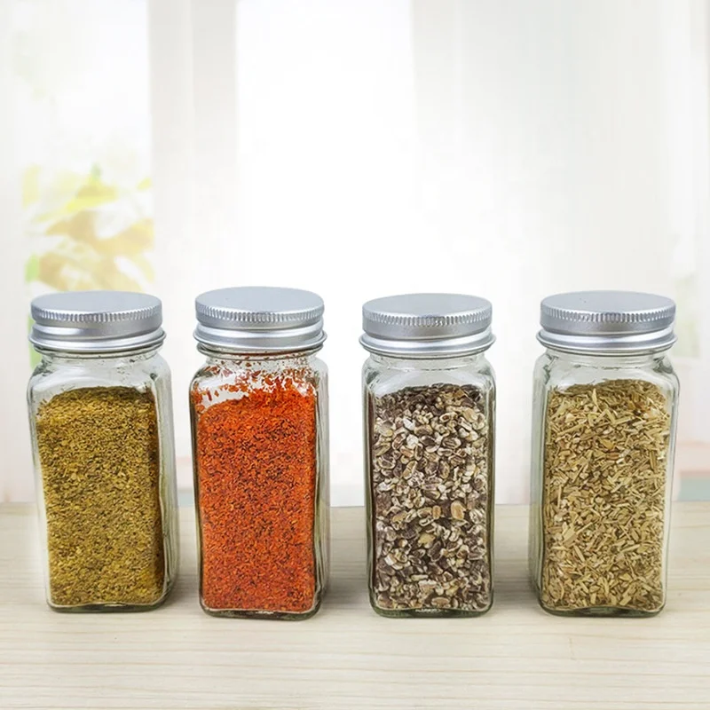 Glass Spice Jars Bottles 100ml Empty Square Spice Containers with Shaker Lids and Airtight Metal