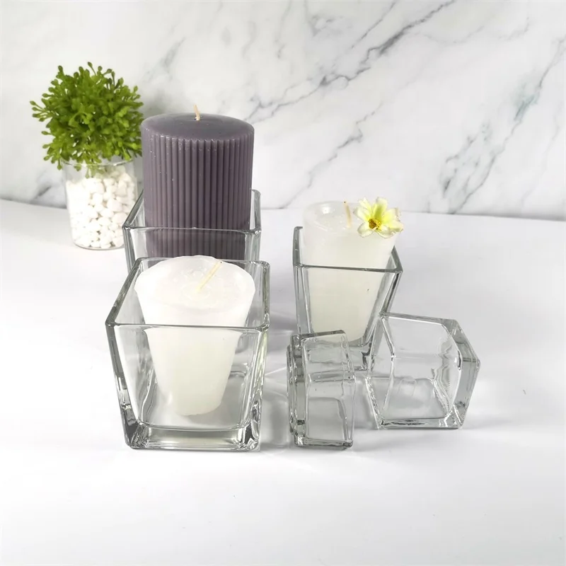 Square shape 4inch  glass candle holder hot sell candle jar for wedding and ceremony wholesale cheap clear candle glass holders
