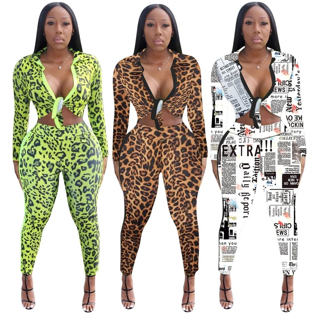 
Woman clothing two piece sets nightclub leopard print long sleeves outfit and trousers 