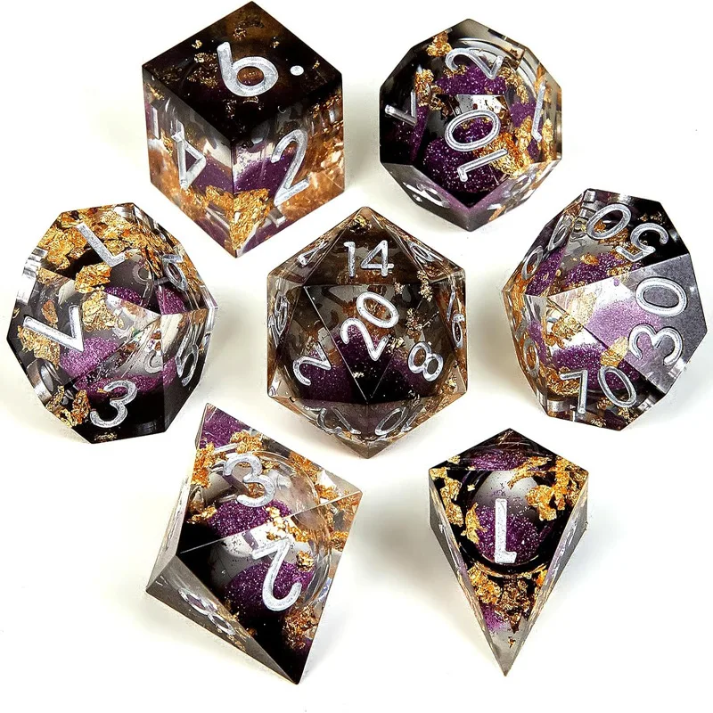 7pcs Dnd Multi sided Dice Sharp Edge Transparent  Belt Liquid core Gold Foil Resin Dice Set Dungeons And Dragons Board Game