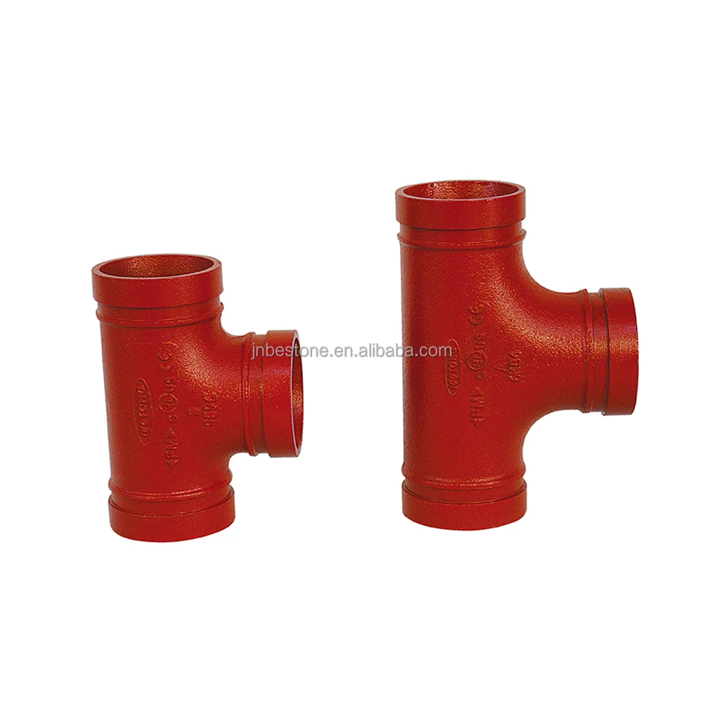 Threaded reducing tee red RAL 3000 painting, design ASTE F1548 and ANSI/AWWA C606