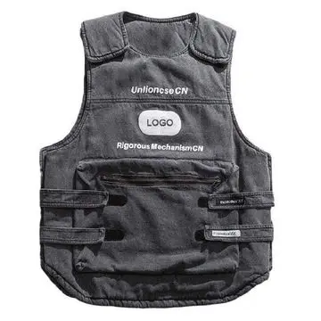 OEM Custom Printer Casual Loose Pullover Gilet Cargo Military Work Washed Denim Vest for Men