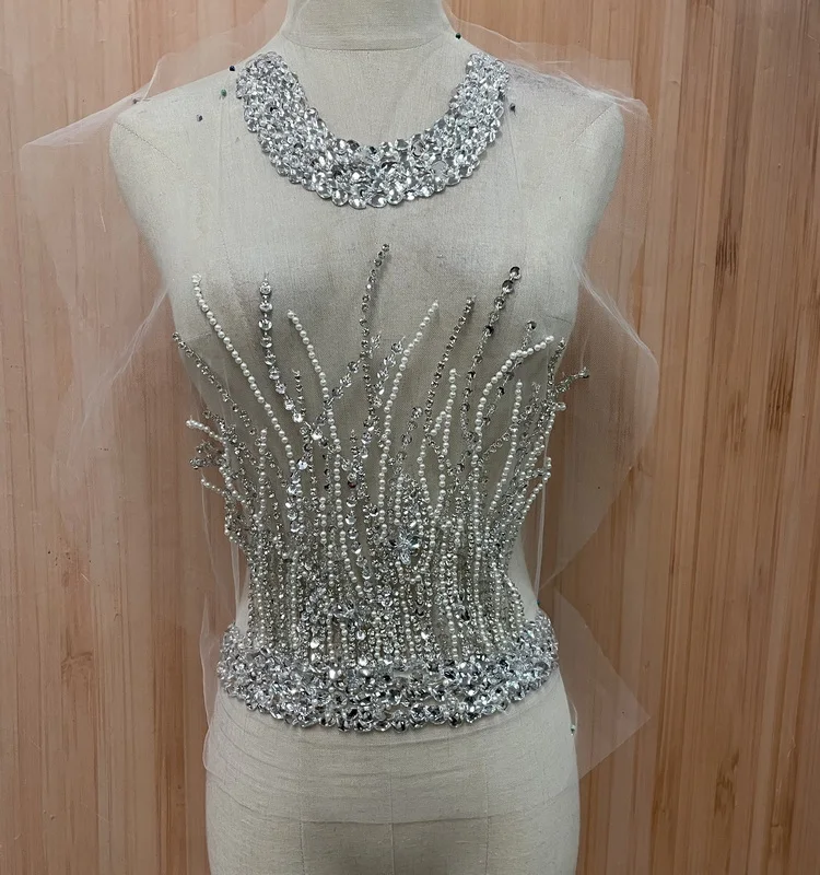 Round neck hot diamond applique hand stitched mesh flower piece beaded sequins clothing  wedding dress decorative accessories