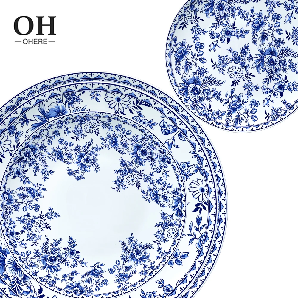 Dinner Plate with Blue&White Flower Porcelain Charger Plate Dish Wholesale Ceramic Dinner Det for Weeding&Rental&Party